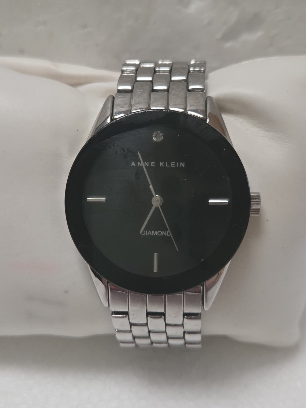 Anne Klein Silver Bracelet Watch with Black Dial And Diamond Accent